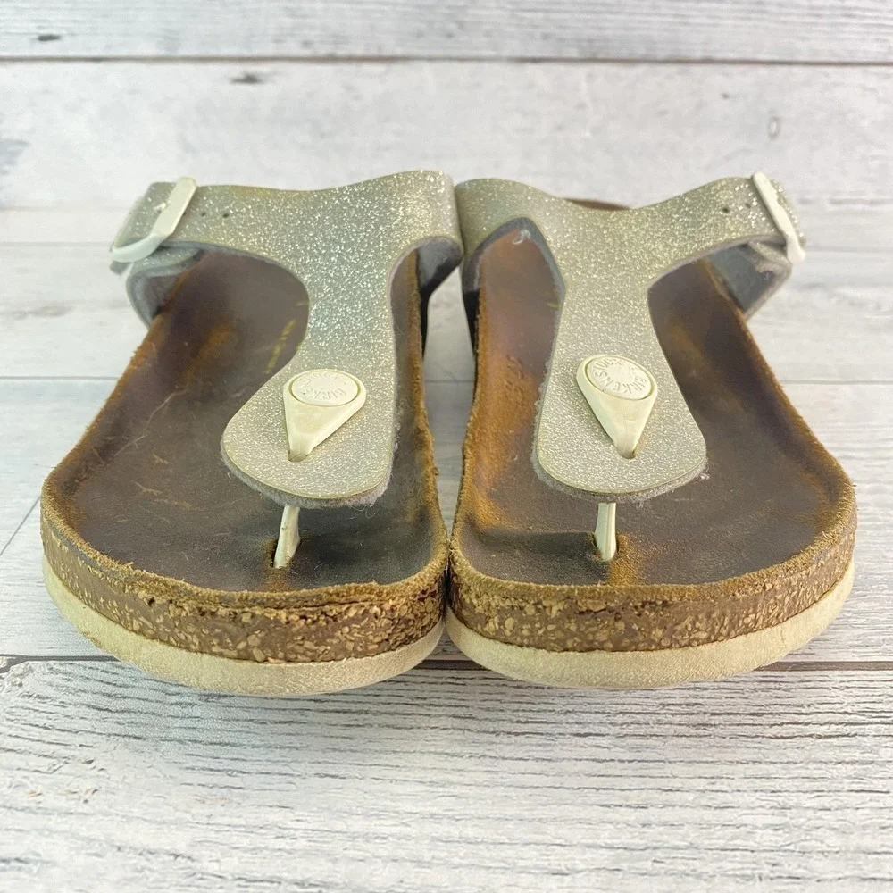 Birkenstock Sandals Girls 13 Silver Gizeh Glitter Thong Flip Flop Buckle Strappy